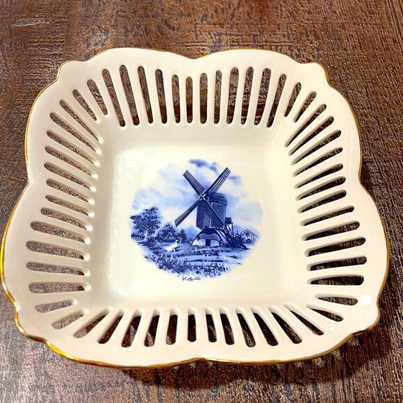 Royal Tri Ever Handpainted Windmill Porcelain Trinket Holder Basket Bowl Dish - Picture 1 of 8